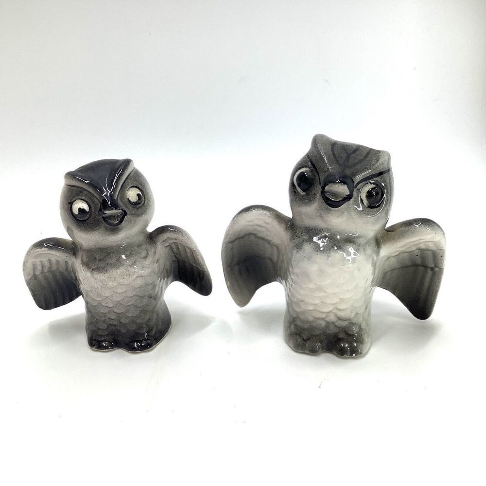 Vintage Owl Salt and Pepper Shakers Porcelain Napkin holder ‎ JAPAN Grey White